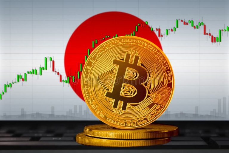 Bitcoin Japan; Bitcoin BTC Coin on the Background of the Flag of Japan ...